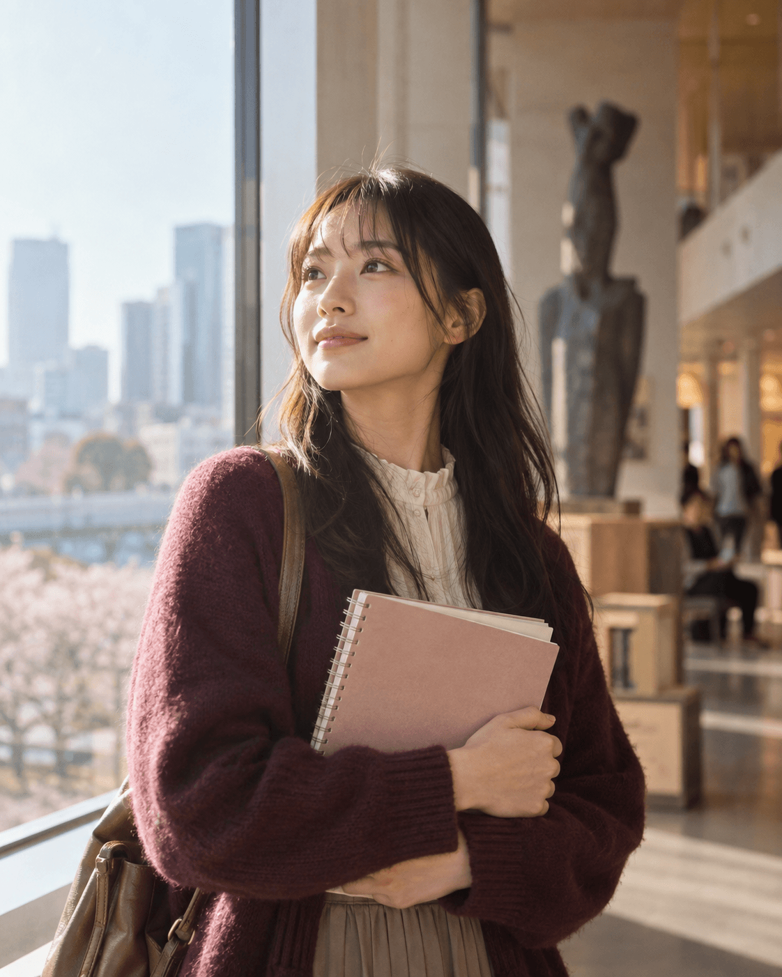 ノートを抱えて窓辺に立つ学生